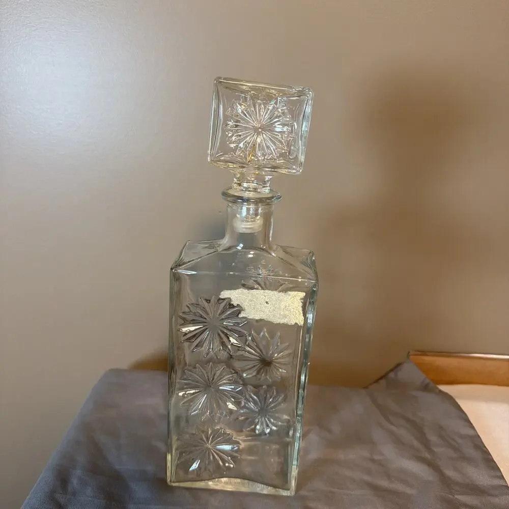 Vintage Square Clear Glass Whiskey Decanter Embossed Flowers(cork Is Gone)